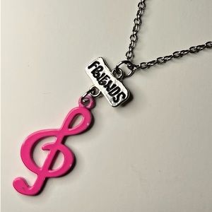 Silver Tinted Chain Necklace with Pink Treble Clef Pendent